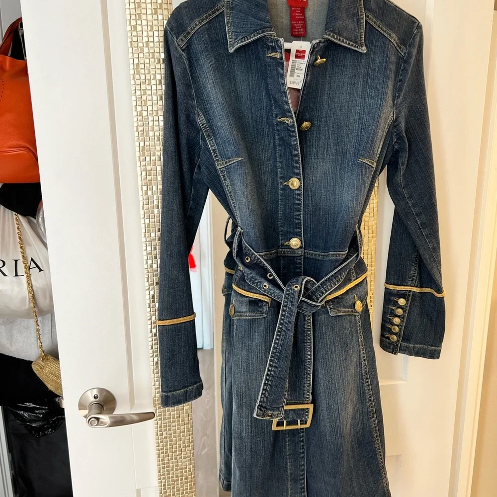 OLSEN EUROPE BLUE AND GOLD DENIM TRENCH COAT… SIZE 38… NEW WITH TAGS. - Picture 4 of 16